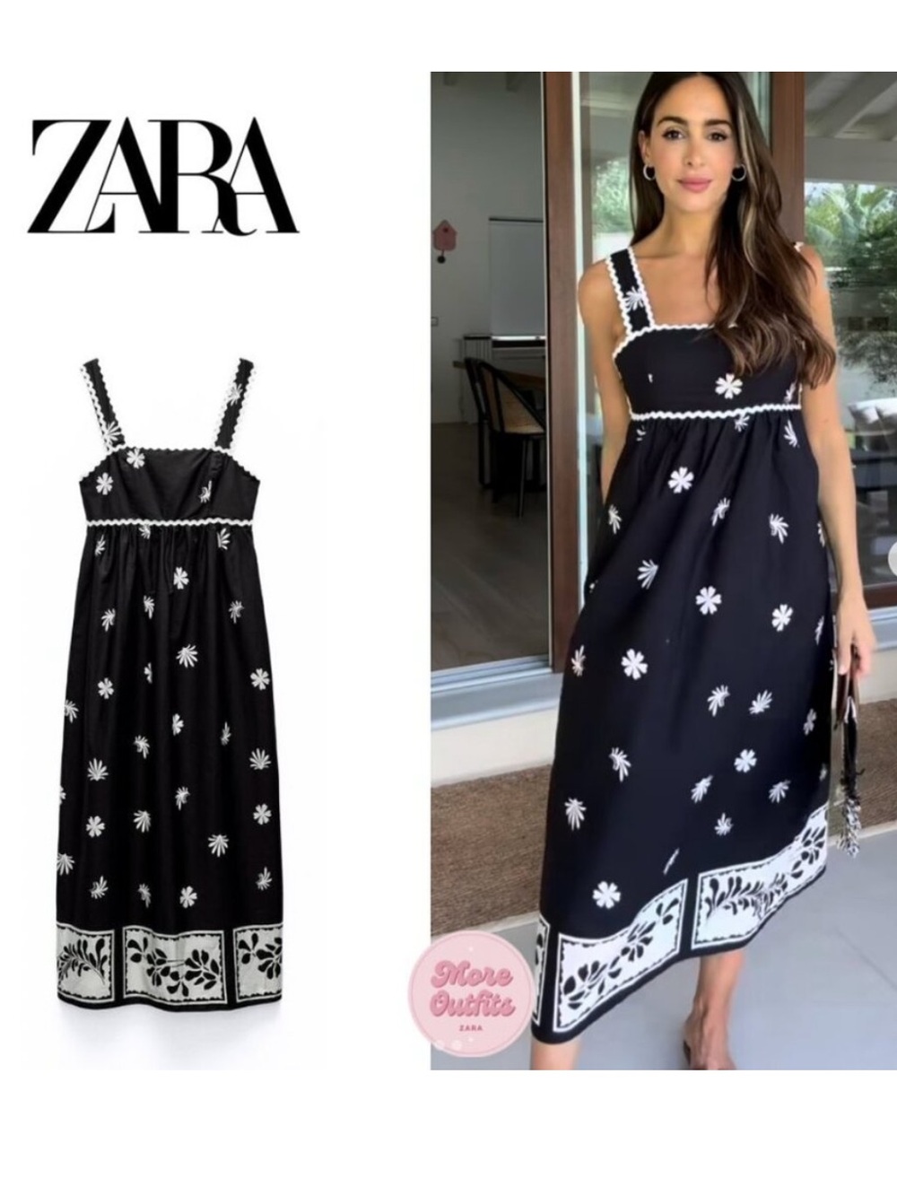 ZARA WOMAN STRAPPY PRINTED MIDI DRESS BOW AT BACK BLACK